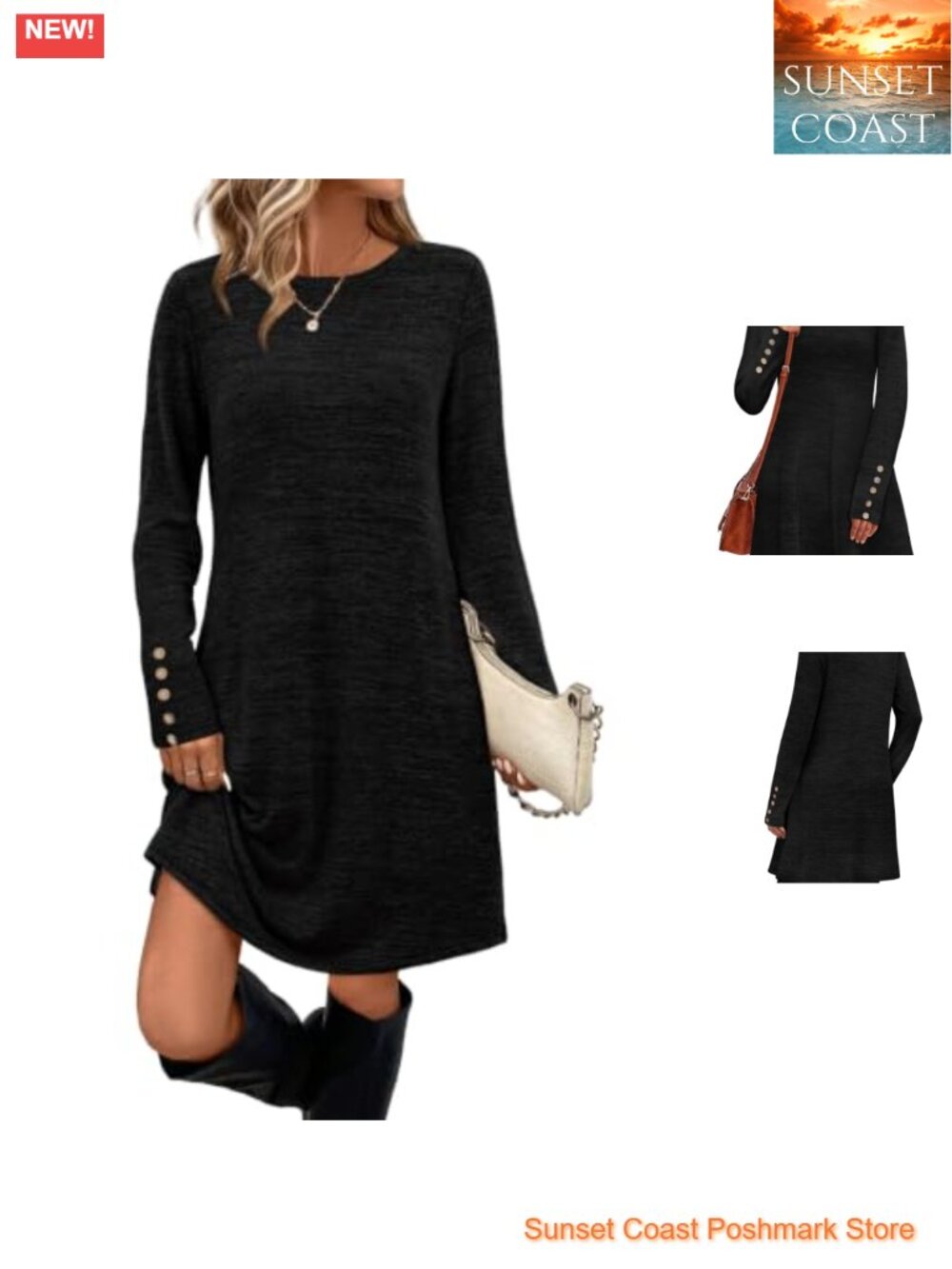 Long Sleeve Tunic Dress with Pockets Crew Neck Knee-Length Casual A-Line